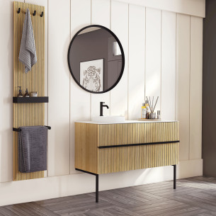 Meuble de salle de bains Woody de Decotec avec façade noir et détails accessoires noir mat