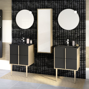 Meuble de salle de bains Evasion largeur 60 centimètres avec 2 coulissants coloris Noir mat et corps de meuble décor chêne doré structuré de la marque Delpha