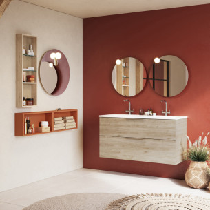 meuble salle de bains Lomi de chez Sanijura, meuble évier avec façade bois combiné à deux colonne finition bois et terracotta