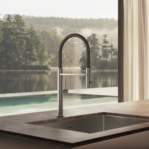 Mitigeur évier Cucina avec douchette 2 jets - Finition Inox 316 brossé.