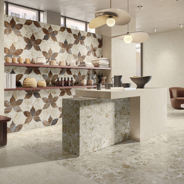 Collection Mockup par Naxos en coloris Ostuni Cream et mosaïque Modulo Roma Beige