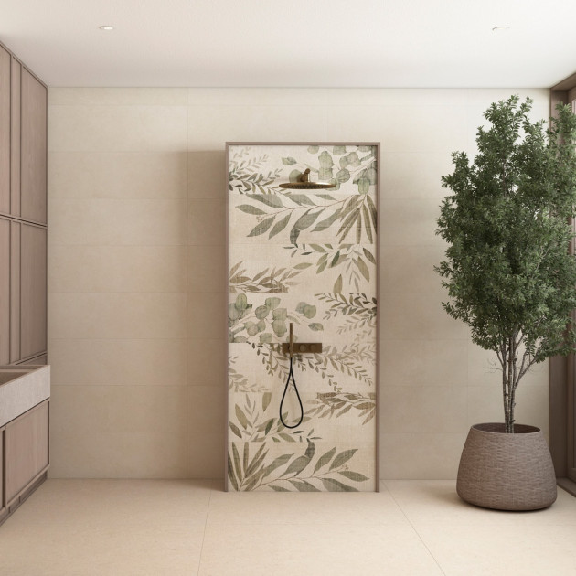 Collection Portwall par Tau Ceramica en coloris Sand et décors Rlv Mache Sand et Aura