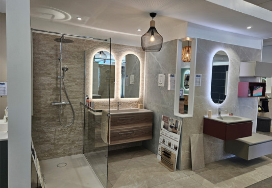 Douche et meuble de salle de bain double vasque avec miroir led