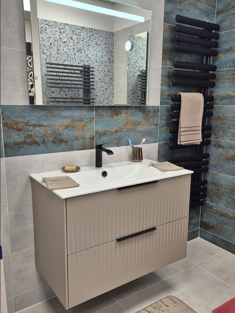 Meuble salle de bain 2 tiroirs avec miroir et sèche serviette