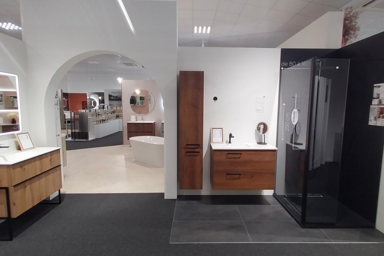 Meuble de salle de bain avec colonne de rangement et douche