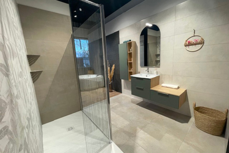 Salle de bain avec douche, meuble et colonne